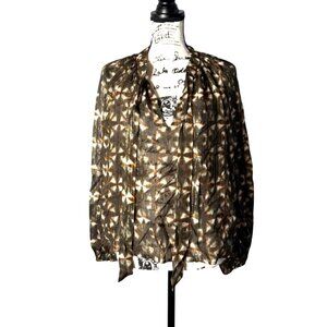 Ulla Johnson Sheer Luna Top Silk Metallic Olive Tie Neck Long-Sleeve Size 4